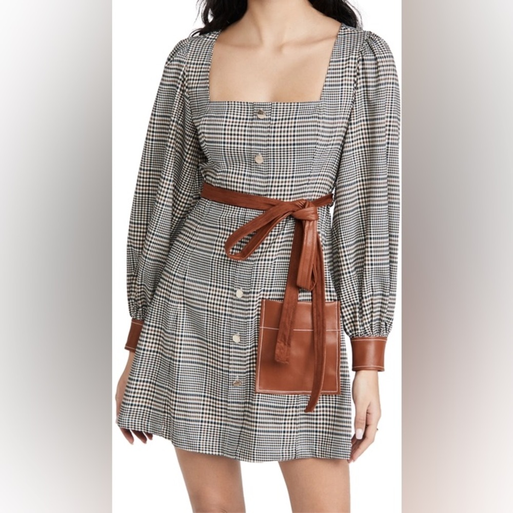 Staud Oz Plaid Mini Dress Faux Leather Accent